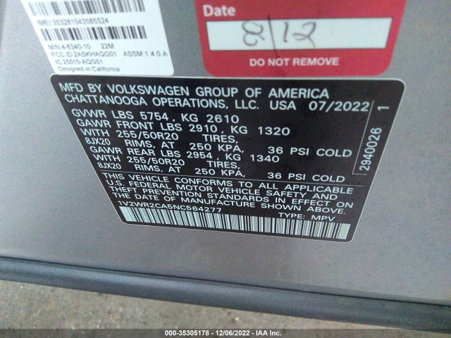 2022 Volkswagen Atlas, VIN: 1V2WR2CA5NC564277