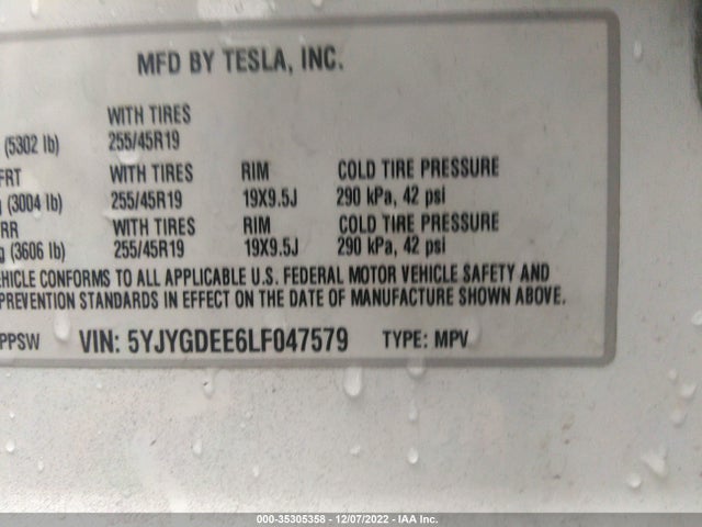 2020 Tesla Model Y, VIN: 5YJYGDEE6LF047579