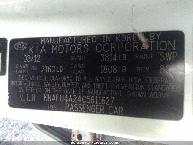 KNAFU4A24C5611627 KIA FORTE EX
