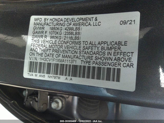2021 HONDA ACCORD SEDAN LX VIN: 1HGCV1F1XMA111371