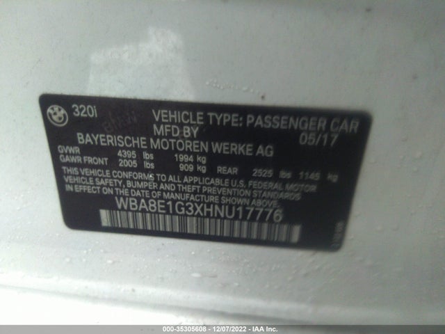 BMW 3 Series 320i 2017 WBA8E1G3XHNU17776 Image 9