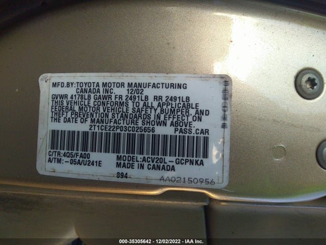 2003 TOYOTA CAMRY SOLARA SE VIN: 2T1CE22P03C025656
