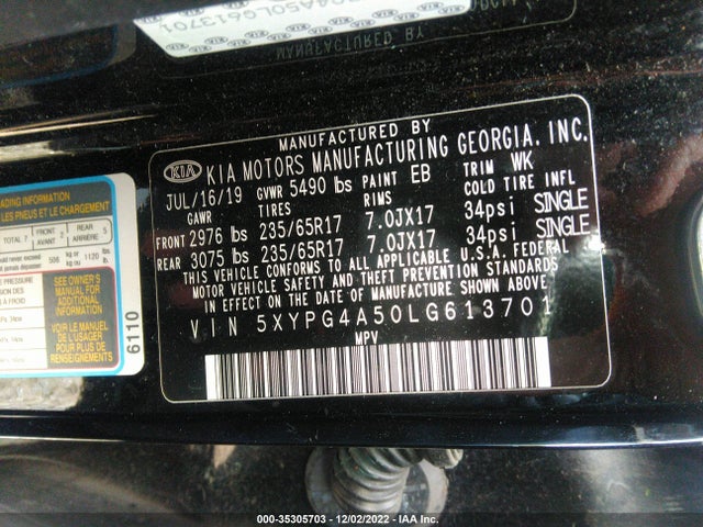 2020 Kia Sorento, VIN: 5XYPG4A50LG613701