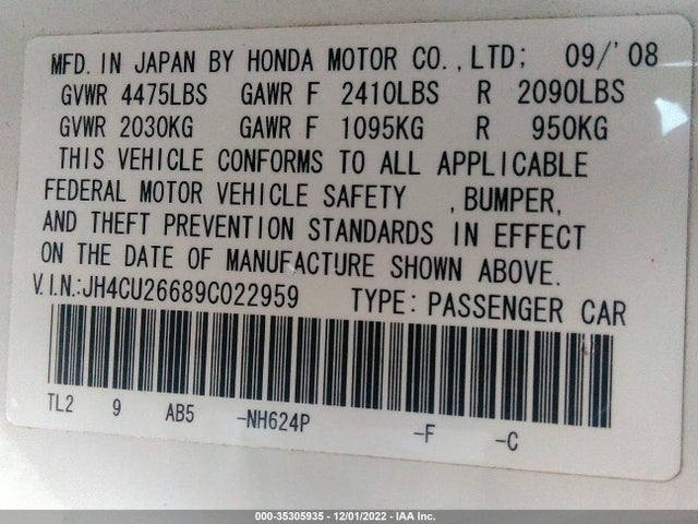 2009 ACURA TSX VIN: JH4CU26689C022959