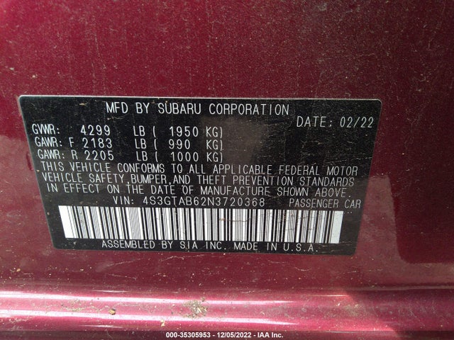 2022 Subaru Impreza, VIN: 4S3GTAB62N3720368