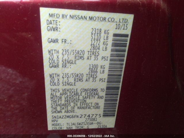 5N1AZ2MG6FN274775 Nissan Murano Platinum