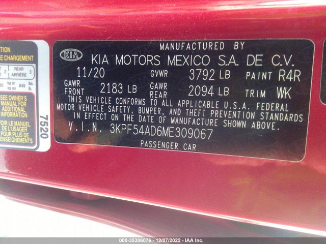 2021 KIA FORTE EX VIN: 3KPF54AD6ME309067