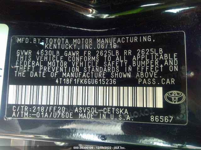 2016 TOYOTA CAMRY XLE/SE/LE/XSE VIN: 4T1BF1FK6GU615236