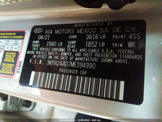 3KPA24AD7ME394990 KIA RIO LX