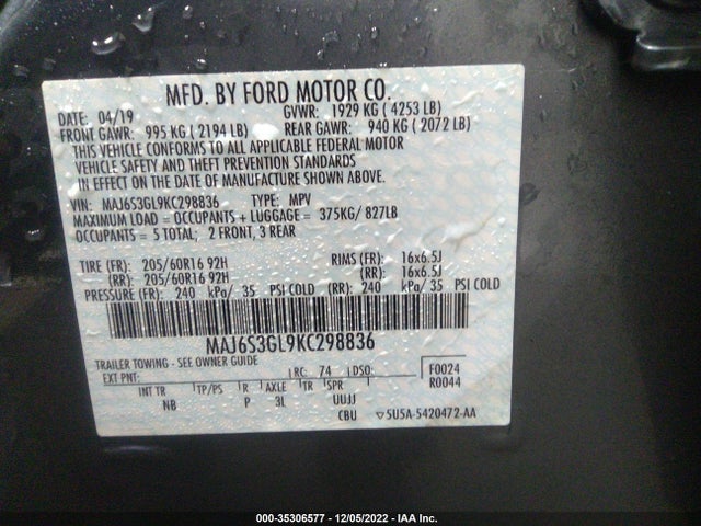 2019 FORD ECOSPORT SE VIN: MAJ6S3GL9KC298836