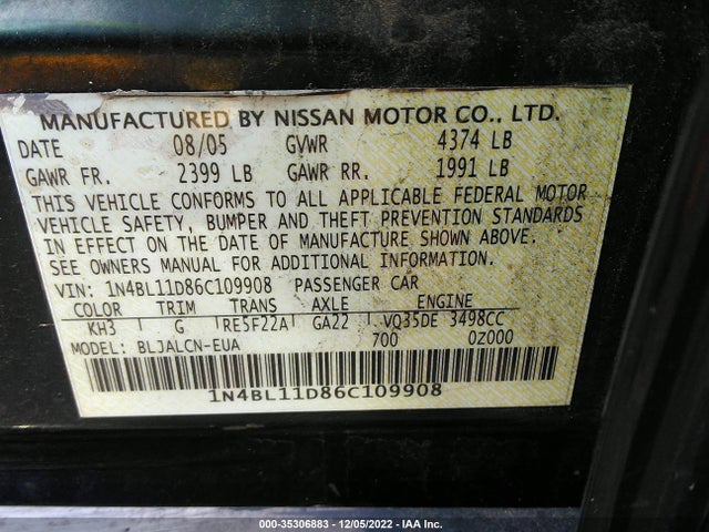 2006 NISSAN ALTIMA 3.5 SE VIN: 1N4BL11D86C109908