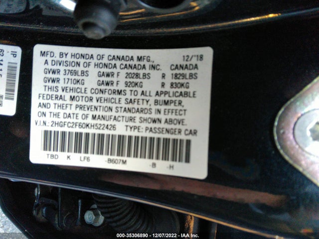 Honda Civic Sedan Lx 2019 2HGFC2F60KH522426 Image 10