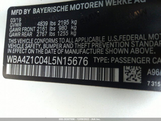 2020 BMW 4 Series, VIN: WBA4Z1C04L5N15676