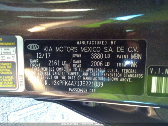 3KPFK4A71JE221039 KIA FORTE LX