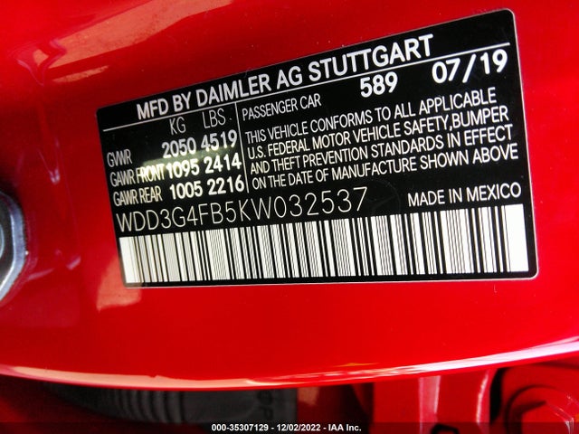 2019 Mercedes-Benz A-Class, VIN: WDD3G4FB5KW032537