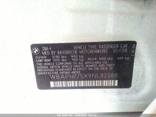 2009 BMW 3 SERIES 328I VIN: WBAPH775X9NL82388