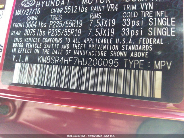 2017 Hyundai Santa Fe, VIN: KM8SR4HF7HU200095