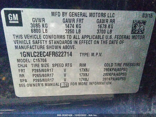 2015 Chevrolet Tahoe, VIN: 1GNLC2EC4FR622714
