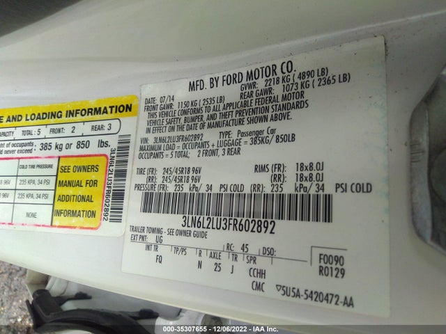 2015 Lincoln MKZ, VIN: 3LN6L2LU3FR602892