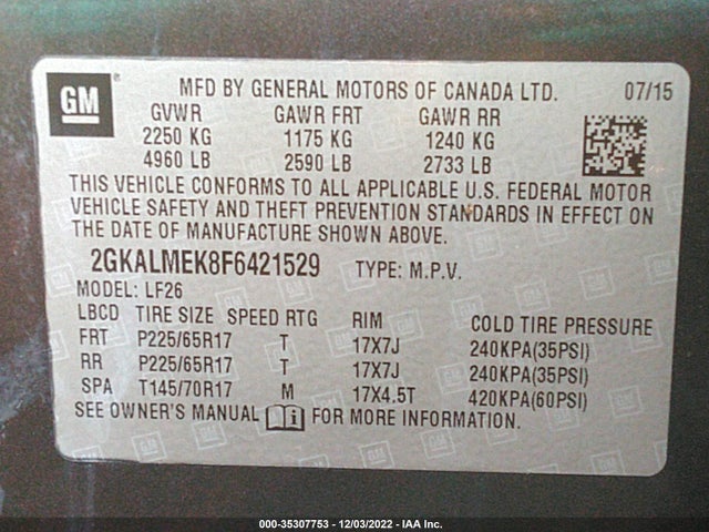 GMC Terrain Sle 2015 2GKALMEK8F6421529 Image 9