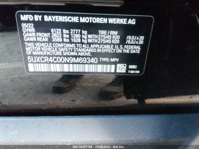 2022 BMW X5, VIN: 5UXCR4C00N9M69340