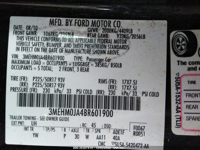 2011 MERCURY MILAN PREMIER VIN: 3MEHM0JA4BR601900