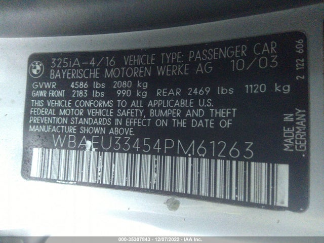 2004 BMW 3 SERIES 325XI VIN: WBAEU33454PM61263