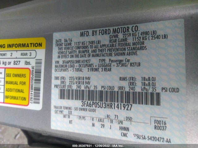 2017 Ford Fusion, VIN: 3FA6P0SU3HR141927