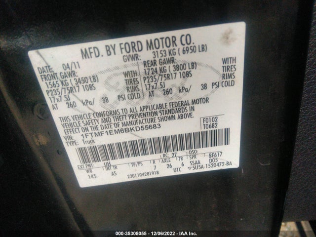 2011 FORD F-150 XL/STX/XLT VIN: 1FTMF1EM6BKD55683
