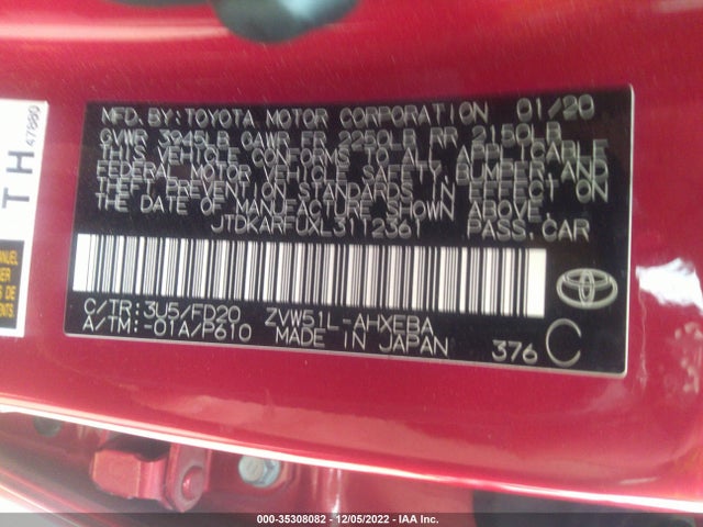 2020 Toyota Prius, VIN: JTDKARFUXL3112361