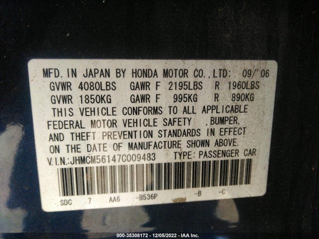 2007 HONDA ACCORD SDN VP VIN: JHMCM56147C009483
