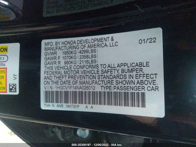 2022 Honda Accord, VIN: 1HGCV1F14NA026012