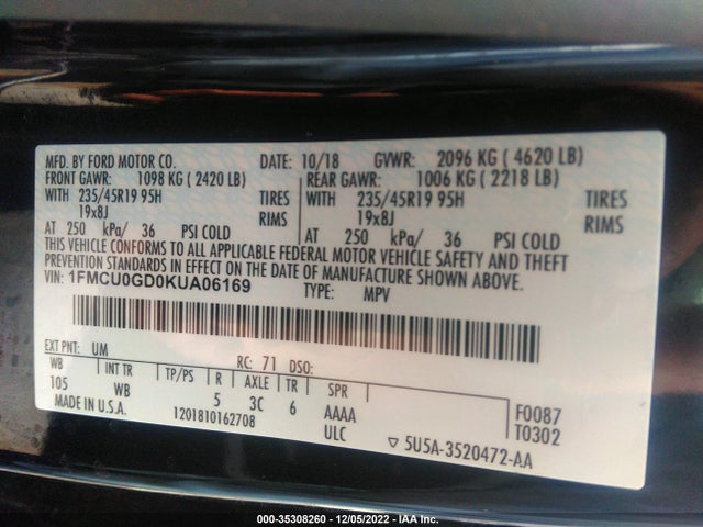 2019 Ford Escape, VIN: 1FMCU0GD0KUA06169