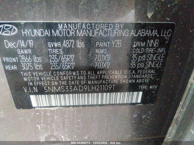 2020 Hyundai Santa Fe, VIN: 5NMS33AD9LH211091