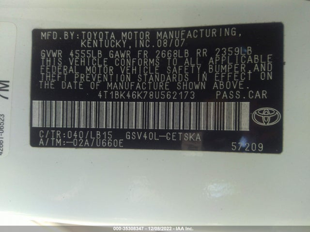 2008 TOYOTA CAMRY LE/SE/XLE VIN: 4T1BK46K78U562173
