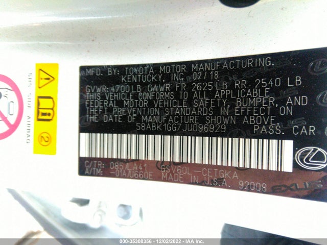 2018 Lexus ES, VIN: 58ABK1GG7JU096929