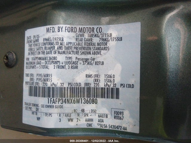 2006 FORD FOCUS S/SE/SES VIN: 1FAFP34NX6W136080