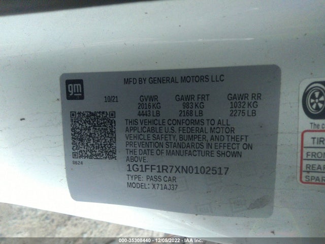 2022 Chevrolet Camaro, VIN: 1G1FF1R7XN0102517