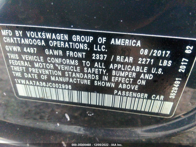 2018 Volkswagen Passat, VIN: 1VWAA7A36JC002996