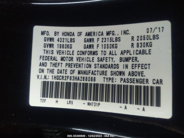 2017 HONDA ACCORD SEDAN EX-L VIN: 1HGCR2F83HA268088