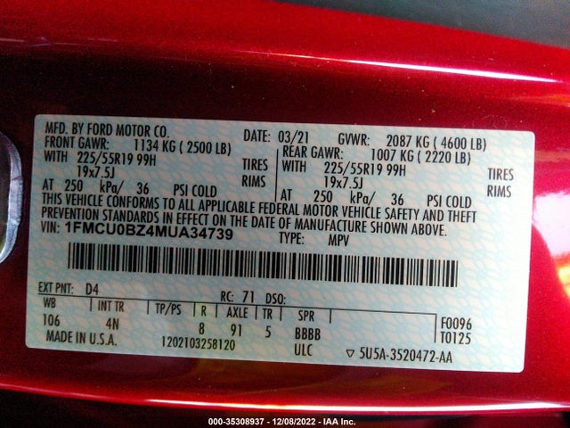 2021 Ford Escape, VIN: 1FMCU0BZ4MUA34739