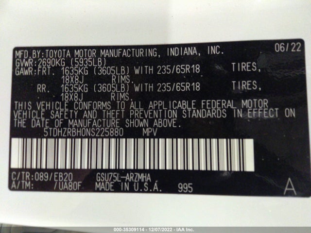 2022 Toyota Highlander, VIN: 5TDHZRBH0NS225880