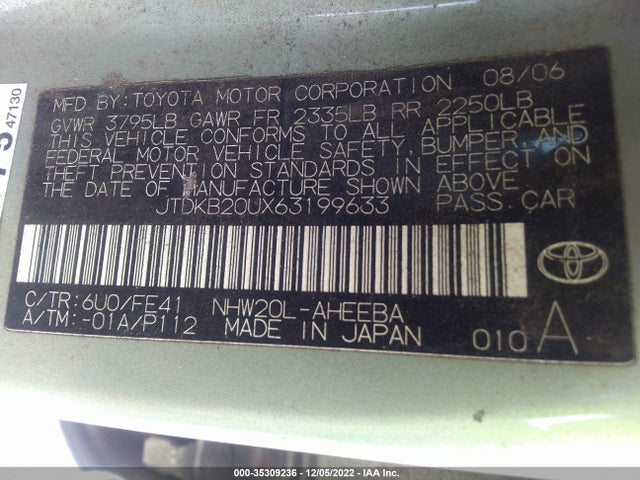 2006 TOYOTA PRIUS VIN: JTDKB20UX63199633