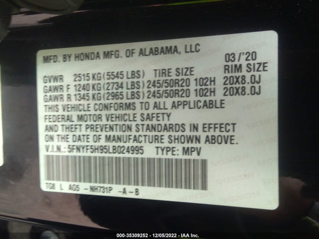 2020 Honda Pilot, VIN: 5FNYF5H95LB024995