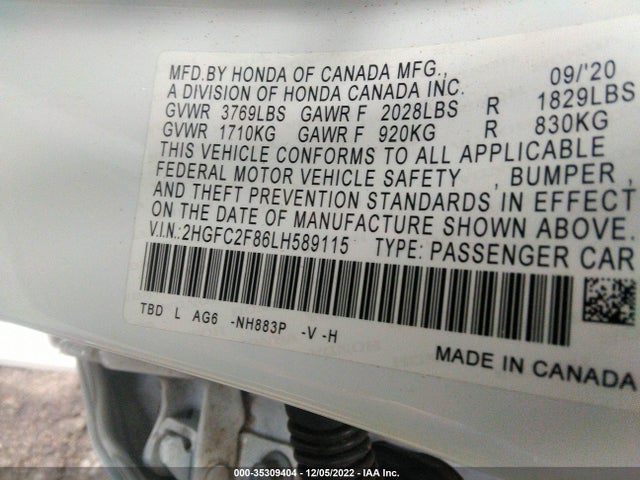 Продаж на аукціоні авто 2020 Honda Civic Sedan Sport, vin: 2HGFC2F86LH589115, номер лоту: 35309404