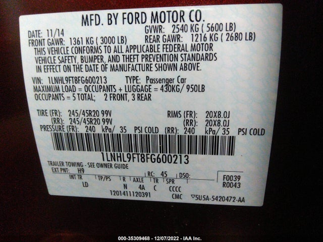 2015 Lincoln MKS, VIN: 1LNHL9FT8FG600213