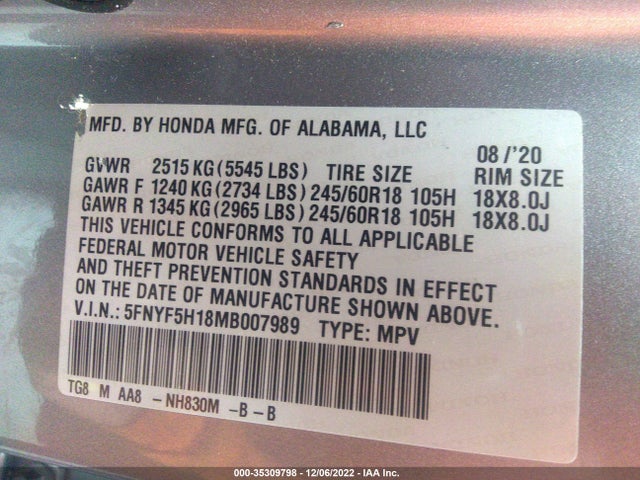 2021 Honda Pilot, VIN: 5FNYF5H18MB007989