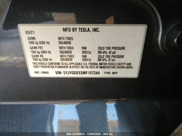 Tesla Model Y Long Range 2021 5YJYGDEE8MF157244 Image 9
