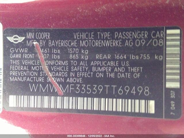 WMWMF33539TT69498 Mini COOPER HARDTOP