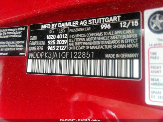 2016 Mercedes-Benz SLK-Class, VIN: WDDPK3JA1GF122851